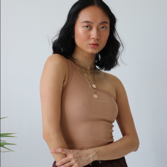 Tops - Tan One Shoulder Ribbed Crop Top